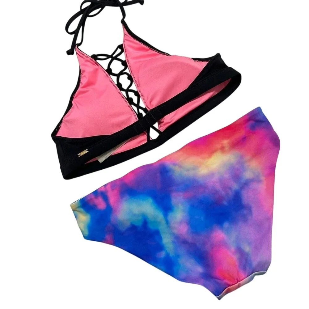 Victoria's Secret PINK Bikini Set Black Lace Up Top Tie Dye Caged Bottoms Small